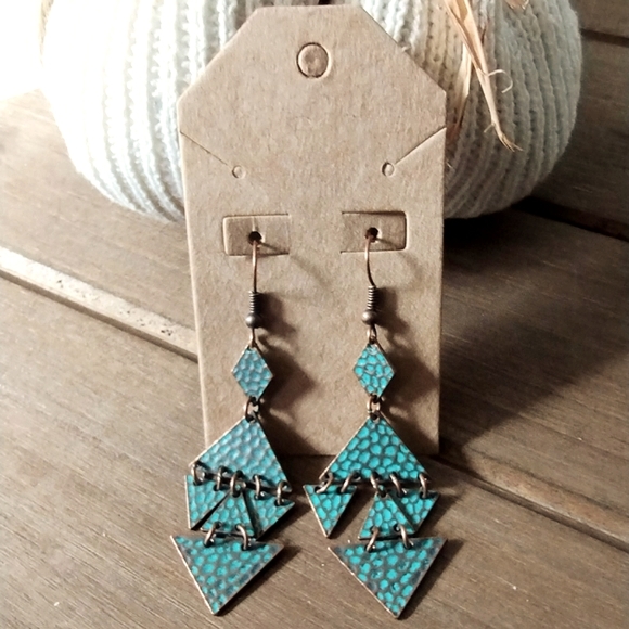 Sculptural, Triangular Tiered Copper tone Dangle Earrings - Picture 9 of 11